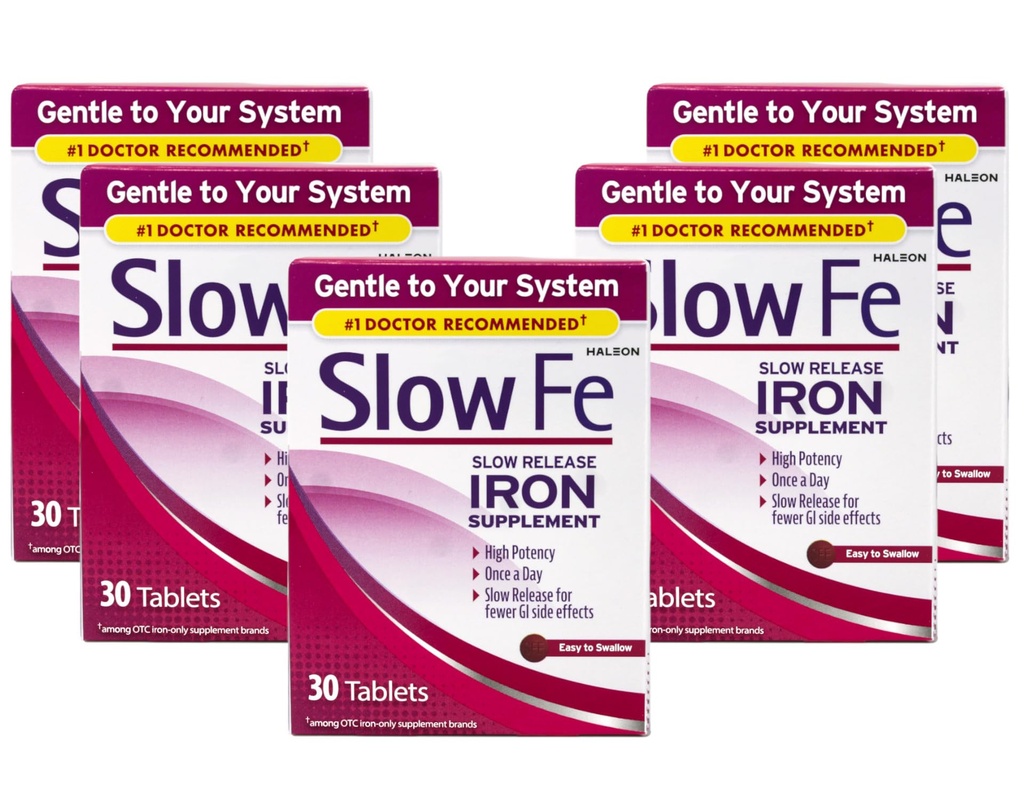 Slow Fe Slow Release Iron Supplement, High Potency, kerran päivässä, Hellävaraisesti, 30 tablettia (Pack of 5)