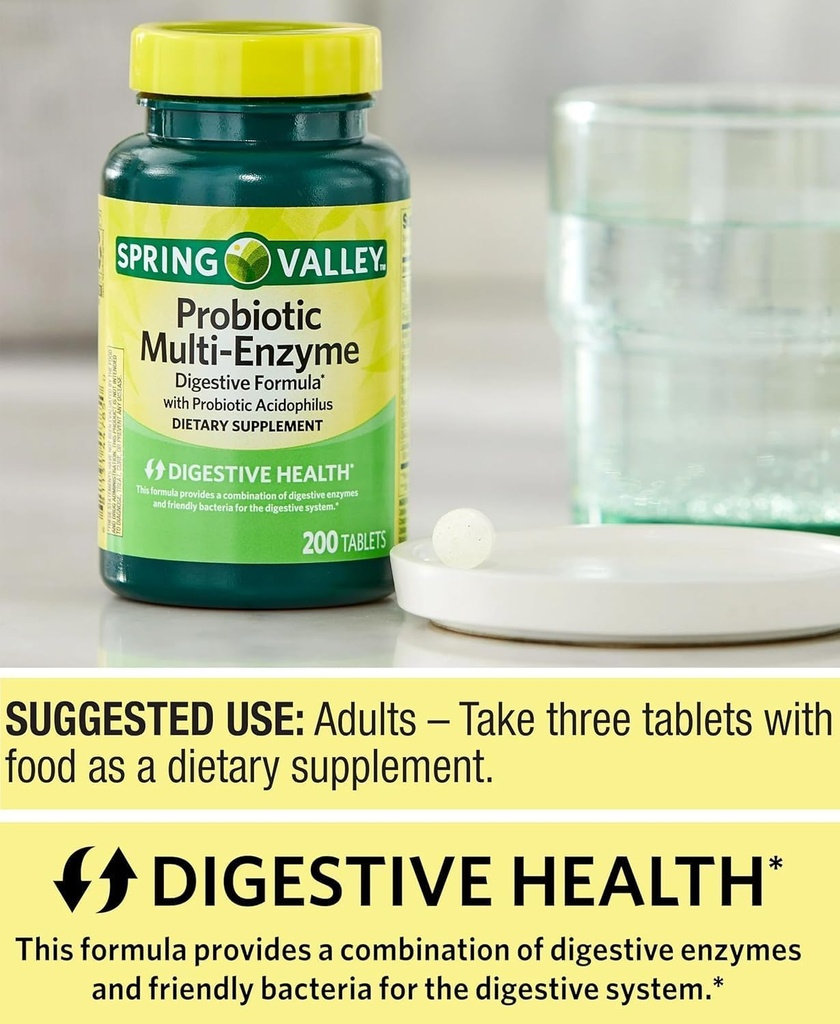 Probiotisk tillskott med Digestive Enzymes för män och kvinnor, 200 tabletter - Inkluderar Acidophilus och Prebiotics för Gut Health och Digestive Support | Spring Valley Probiotics Multi-Enzyme