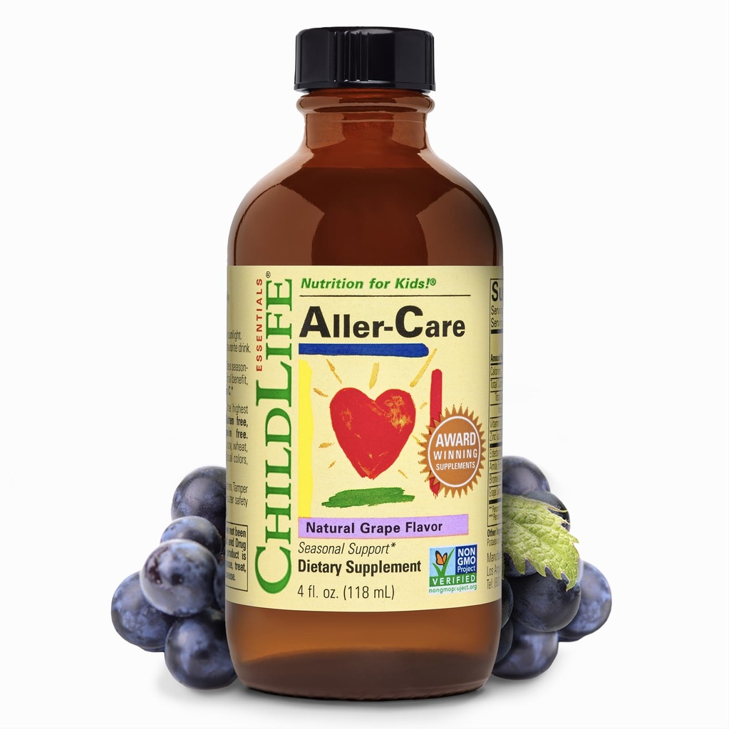 CHILDLIFE ESSENTIALS Aller-Care - Natural Grape Relief för barn och småbarn, säsongsstöd med Elderberry, Bromelain, Vitamin C - Immune Boosting Formel, 4 Fl Oz