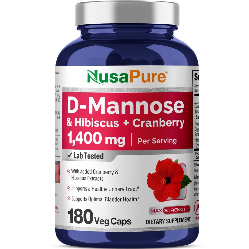 NusaPure D-Mannose Complex 1400 mg (Hibiskuksen ja karpalon kanssa) - 180 kasviskapselia.