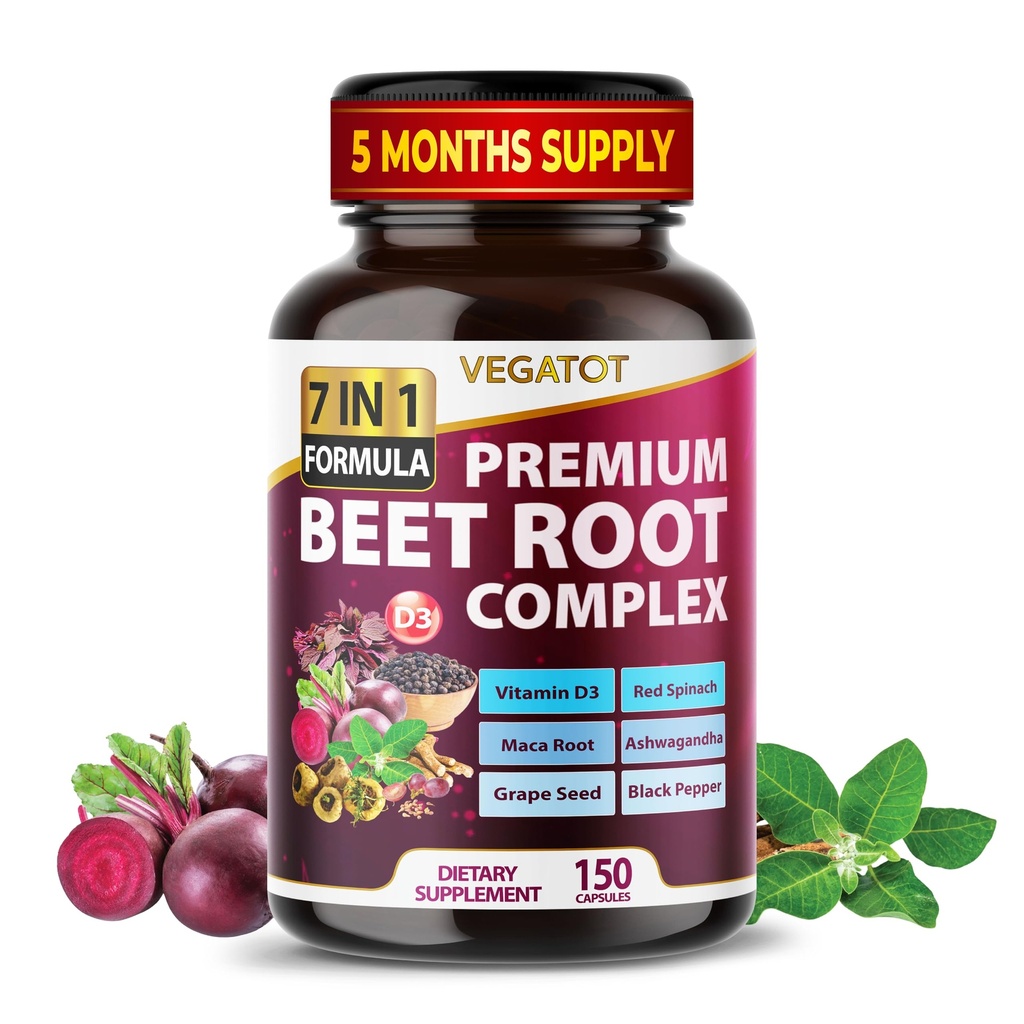 VEGATOT Beet Root *USA Made and Tested* Koncentrerad med Ginseng Maca Root Ashwagandha - Energy Stamina Immune Support (150 greve av 1)