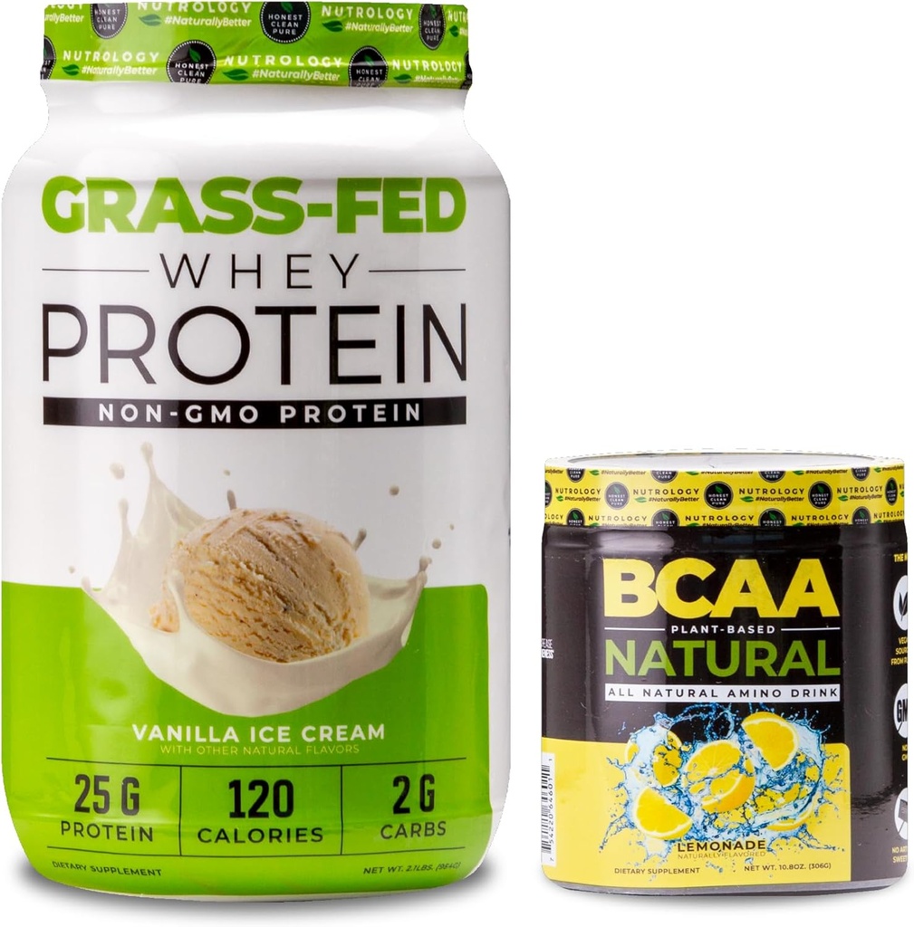 Nutrologia Grass Fed Whey Protein Powder, tukee lean lihasten Recovery & Performance, Vanilla Ice Cream Flavor (28 tarjoilua) BCAA Natural, Lemonade Flavor (30 tarjoilua)