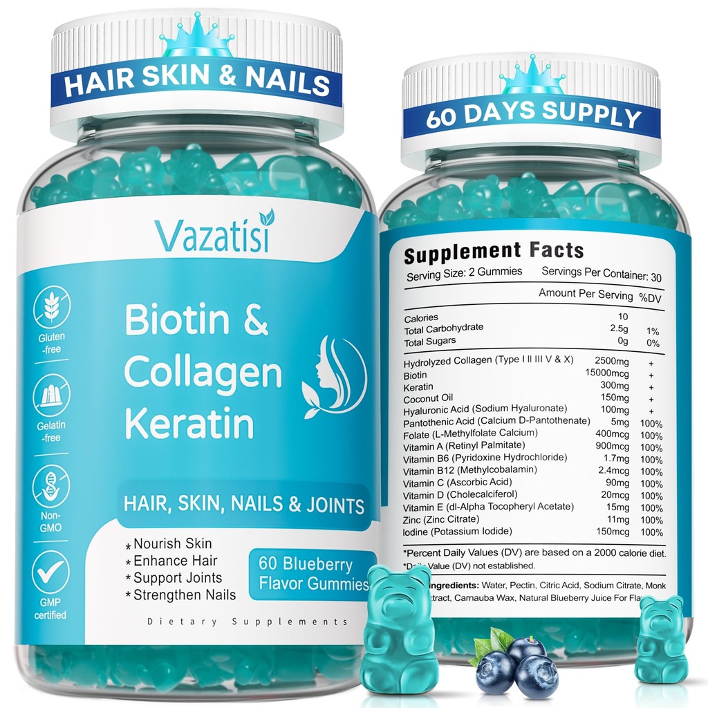 2 Pack Biotin Gummies Collagen & Keratin hiukset ihon kynnet - naiset miehet, lapset - 120 mustikka makua Gummies