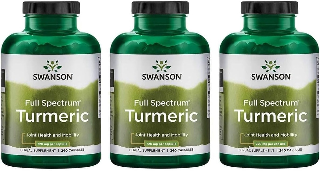 Swanson Full Spectrum Turmeric (Curcumin) - Joint Health, Digestion, Heart Health & Liver Support Supplement - Curcuma Longa Formel Främjande minnesstöd - (240 kapslar) 3 Pack