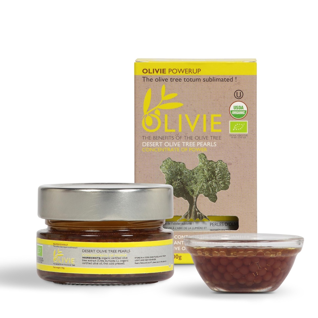 Organic Olive Leaf Extract Kapselit, PowerUp Pearls by OLIVIE, Hydroxytyrosol Supplement, Antioksidantti polyfenolit, Immuuni- ja aivotuki, 100g