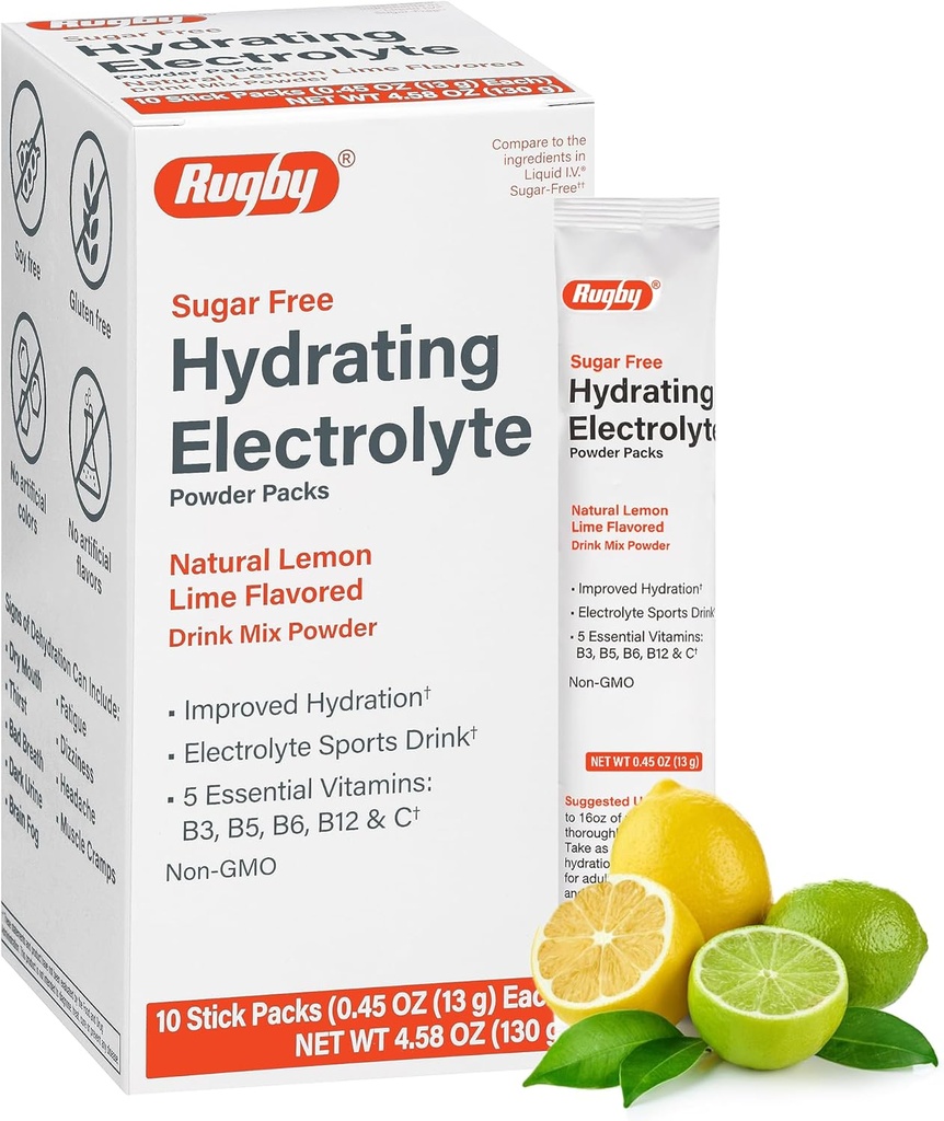 Rugby Sugar-Free Hydrating Electrolyte Powder Packs - Drink Mix Powder Packets med 5 Vitaminer - Förbättrad Hydration - Naturlig Lemon-Lime smak - 10 Stick Packs - 0,45 Oz Varje (1 Pack)