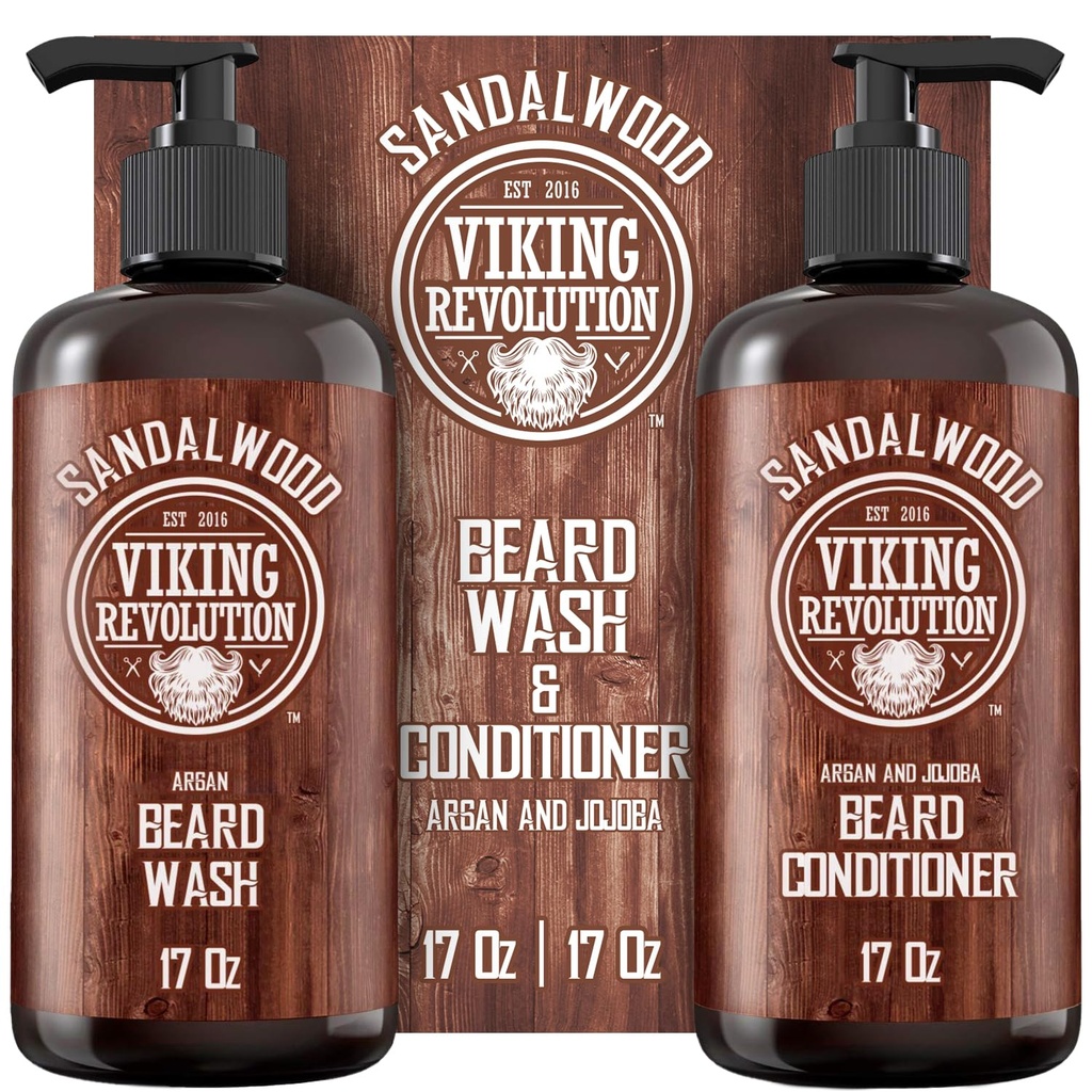 Viking Revolution Partapesu- ja partahoitoaine Set Argan & Jojoba Oils - Pehmentää ja vahvistaa - Natural Sandalwood Scent - Parta Shampoo partaöljyllä (17 oz)