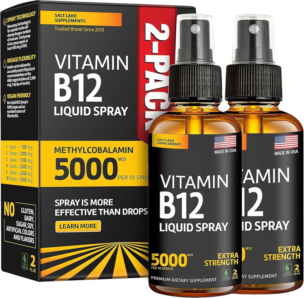 (2 pakkaus) - nestemäinen B12 sumute 5000 mikrog - B12-vitamiinin sublinguaalinen - vegaaninen B12-vitamiinin sumute - metyylikobalamiinin B12-vitamiinin nestemäiset lisäravinteet - gluteeniton ja muut kuin muuntogeeniset organismit