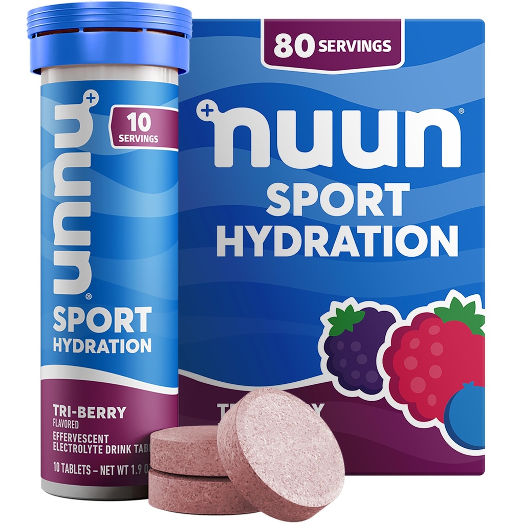 Nuun Sport Elektrolyyttitabletit, joissa magnesiumia, kalsiumia, kaliumia, kloridia ja natriumia, gluteeniton ja vegaaninen, Tri-Berry, 8 pakkausta (80 annosta yhteensä)