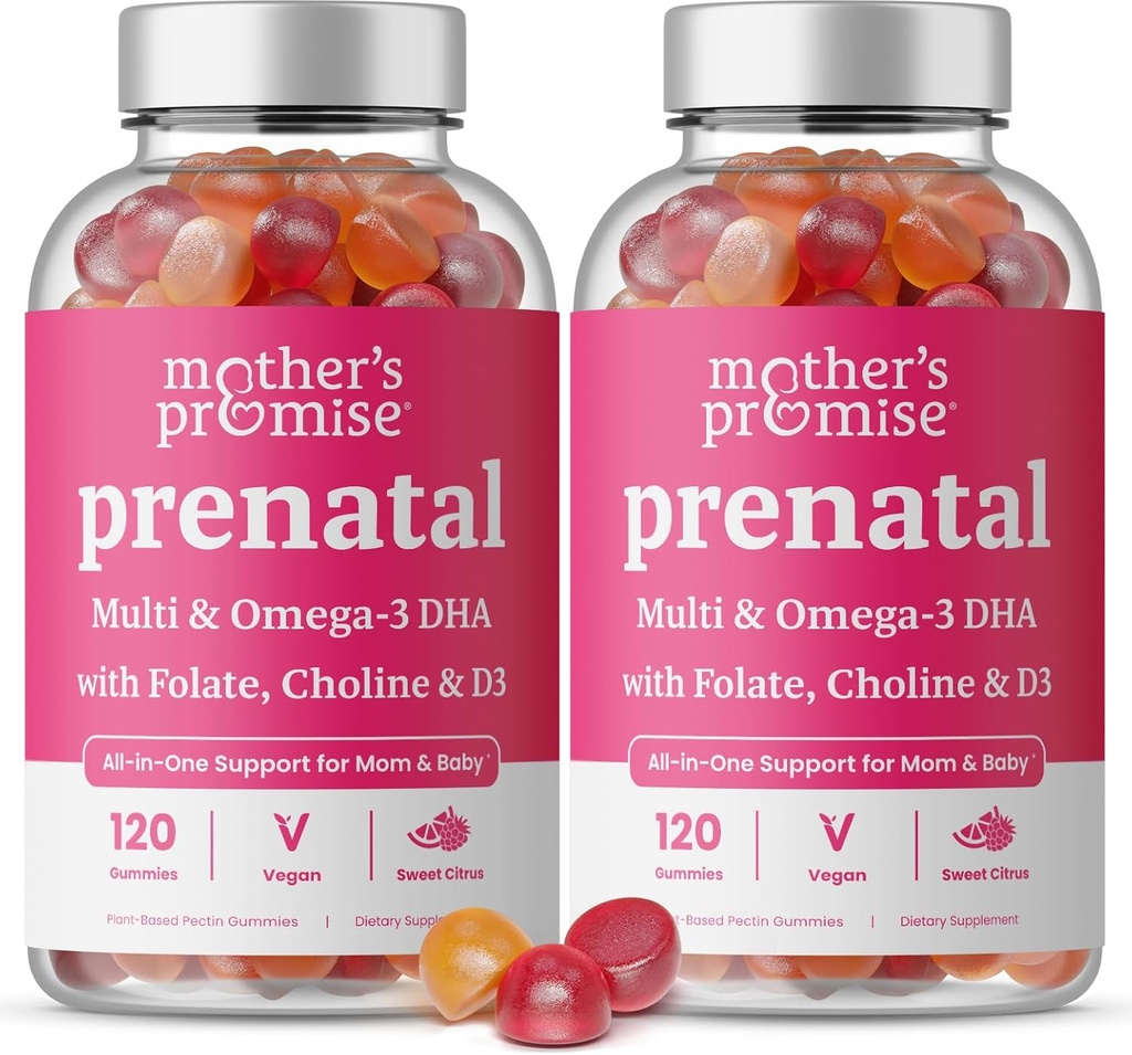 Prenatal Vitamin Gummies med DHA | Vegan Prenatal Vitaminer för kvinnor med Omega 3, Folate, Choline & D3, Graviditet Vitaminer för Fetal Development | Gummy Multivitamin Supplement, 120 greve (2-Pack)