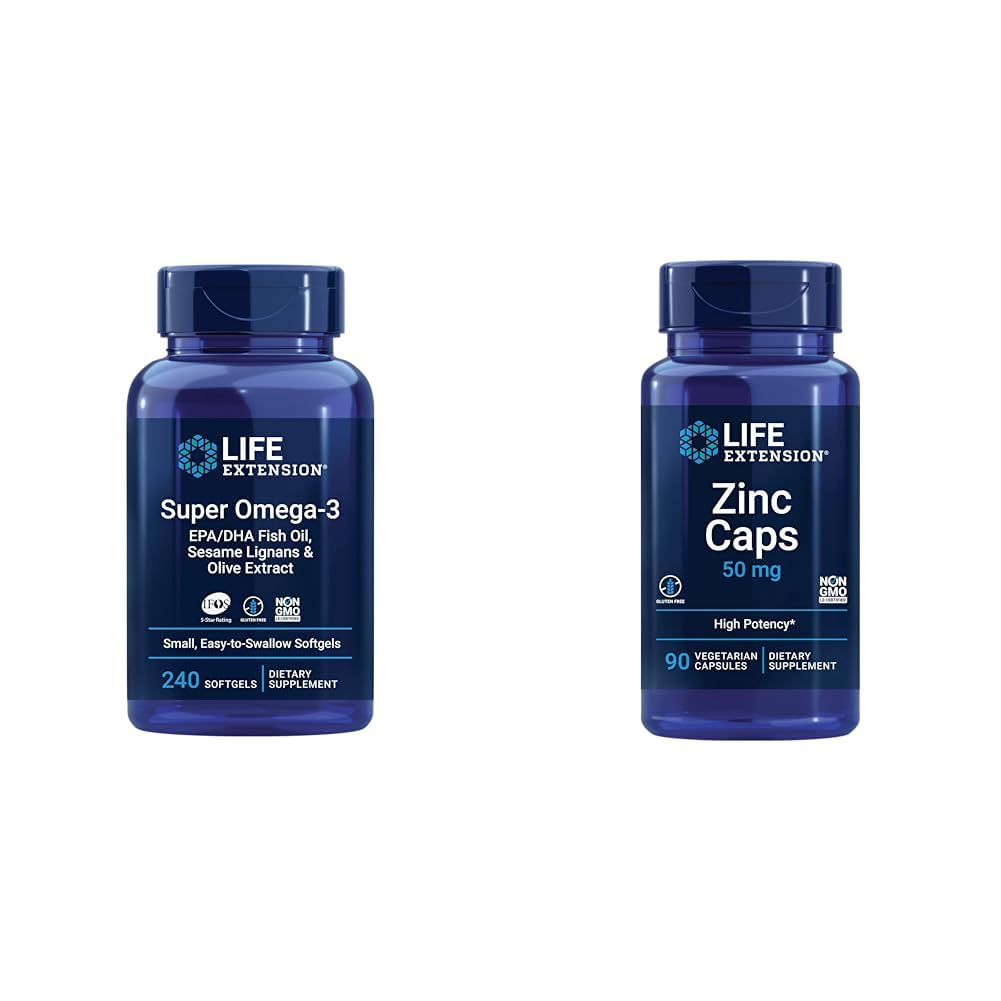 Life Extension Super Omega-3 EPA/DHA Fish Oil, Seesamin Lignans & Olive Extract - Omega 3 Supplement & Sinkin Caps, sinkki 50 mg, sinkki Citrate, Tuki kehon immuunipuolustus