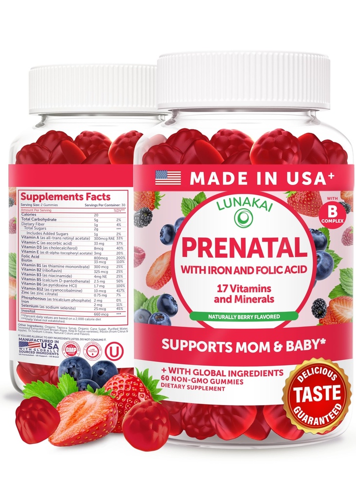Lunakai USA gjorde prenatala vitaminer med järn och folsyra - läckra graviditeten multivitamin gummies för kvinnor, 60 greve