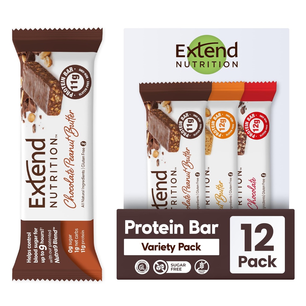 Extend Sugar Free Protein Bars, Perfect Diabetic Snacks, High Protein och Fiber, Hunger Control & Steady Energy, Low Carb, Keto Friendly (12 Count, Variety Pack)
