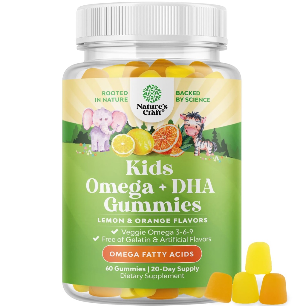 Lapset DHA Omega 3 Gummies - Rasvahapot Omega 3 6 9 aivoihin, Immuuni Vahvuus ja Vision - Ravitsemus DHA lapsille terveen hermoston & Focus Support - Fish Free, Vegan & non-GMO - 60 Chews