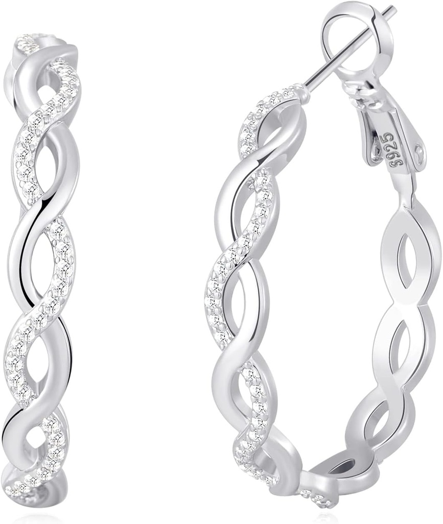 Senteria 925 Sterling Silver Earrings Hoops for Women Kevyt Twisted Hoop Earrings with Cubic Zirconia Hypoallergenic Hoops Korvakorut (20/30/40/50/60MM)