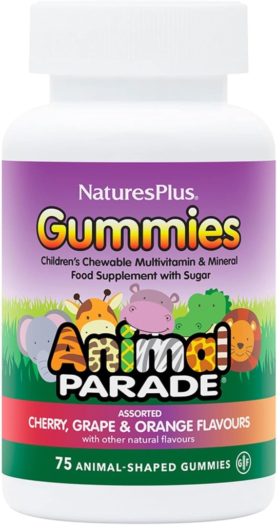 NaturesPlus Animal Parade Source of Life Gummies - Natural Orange, Grape och Cherry Flavors - 75 Animal Shaped Gummies - Whole Food Kids Multivitamin - Glutenfri - 37 portioner