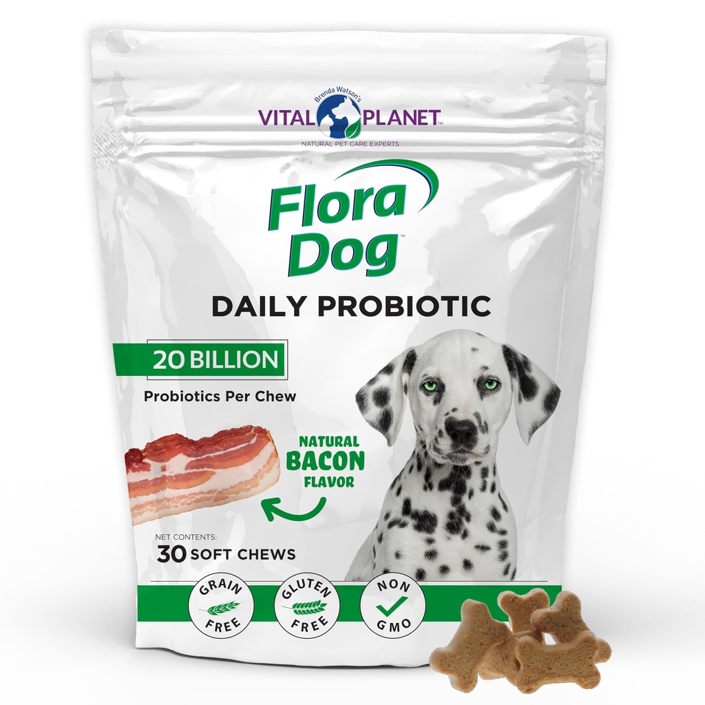 Vital Planet - Flora Dog Probiootit, koiran purukumia täydentää 20 miljardia kulttuuria ja 11 kanta, Immuuni- ja digestiivinen tuki pureskeltava Probiootit koirille, 30 Luonnollinen Bacon Flavored Soft Chews