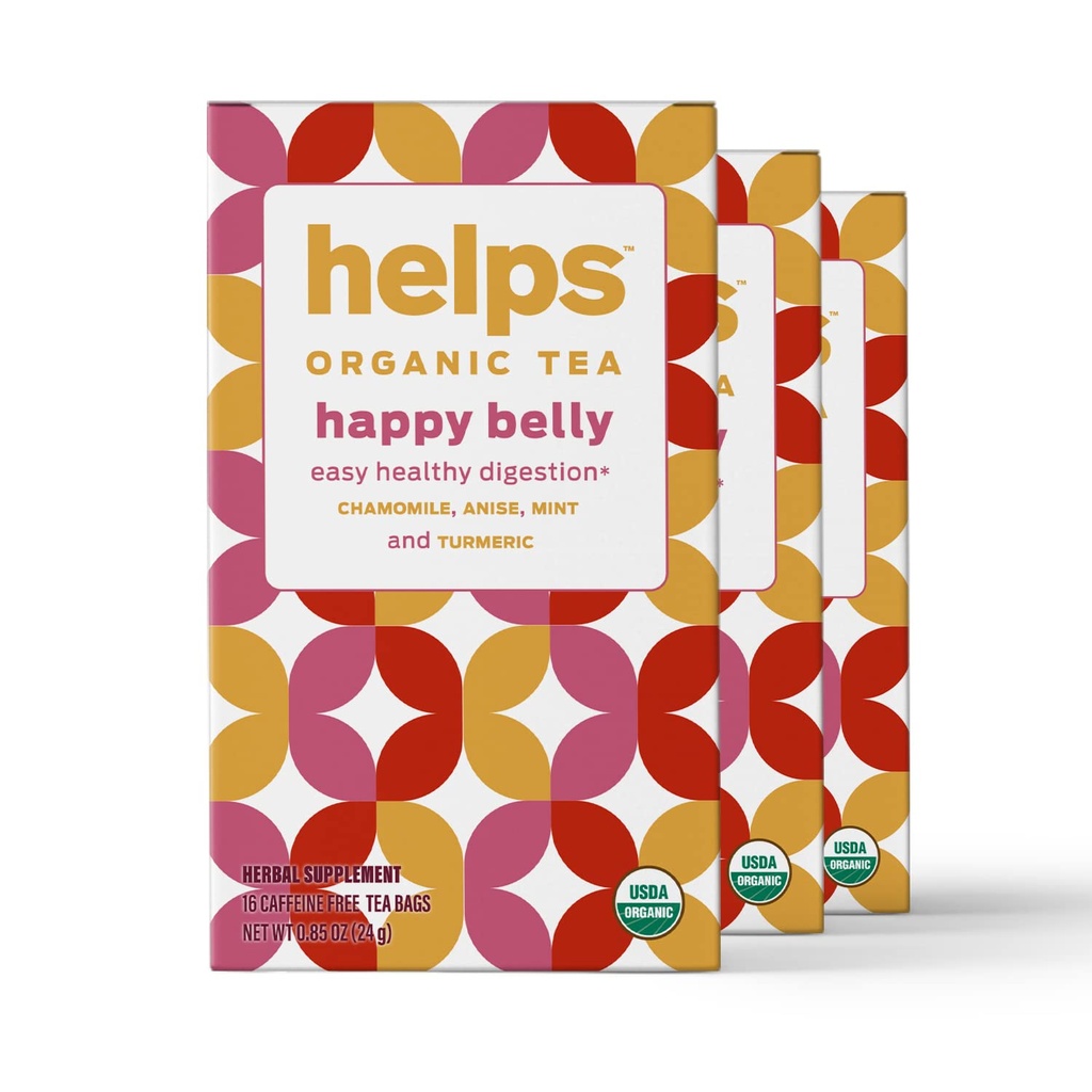HELPS TEAS | Hjälper Happy Belly Tea | Organic Herbal Tea med grön anis, kamomill, mint och gurkmeja | 16 tepåsar - Pack av 3 |