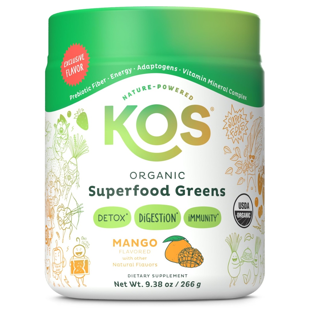 KOS Organic Superfood Greens Powder - Gut Health från Prebiotic Fiber, Supergreens och Adaptogens - USDA Certified Organic, Made in a GMP Certified Facility - 28 Servings Mango