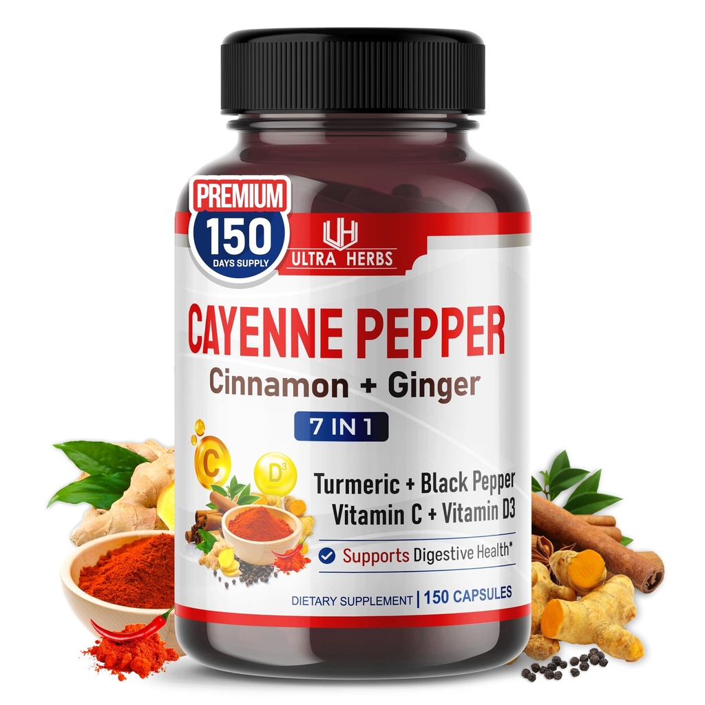 Cayenne Pepper 7 i 1 - med Ginger, Turmeric, Cinnamon, Black Pepper - Främjar Digestive System Function (150-dagars Supply (Pack of 1))