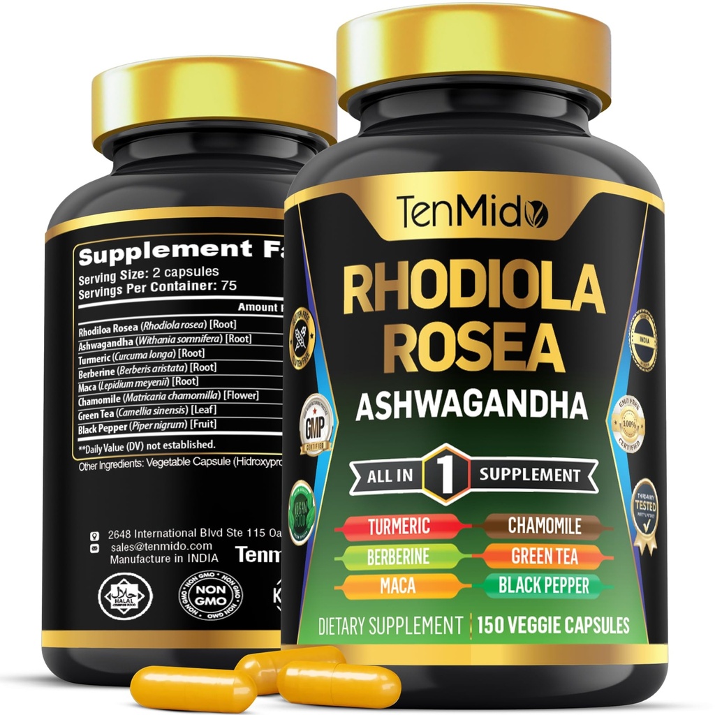 Rhodiola Rosea Supplement - 8in1 Formula - Yhdistä Ashwagandha, Turmeric, berberiini, Maca, kamomilla, vihreä tee, ja mustapippuri - Nutrient Rich - 150 vegan kapselit