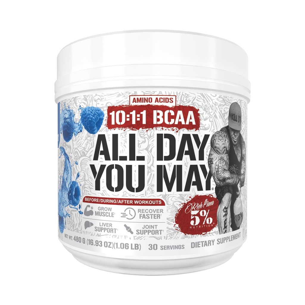 5% Nutrition Rich Piana AllDayYouMay BCAA Powder | Premium Intra & Post Workout Amino Acids, EAA, Electrolytes | Hydration, Endurance, Recovery | Vegan & Keto | 16,4 oz, 30 Srvgs (Blue Raspberry)