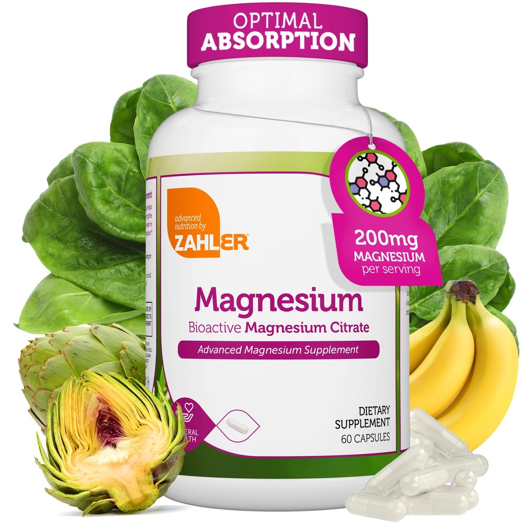 Zahler - Magnesium Supplement Capsules 200 mg (60 greve) Certified Kosher Bioactive Magnesium Citrate för Max Absorption - Naturlig Magnesium Mineral för Män & Kvinnor - Bästa Magnesium Supplements