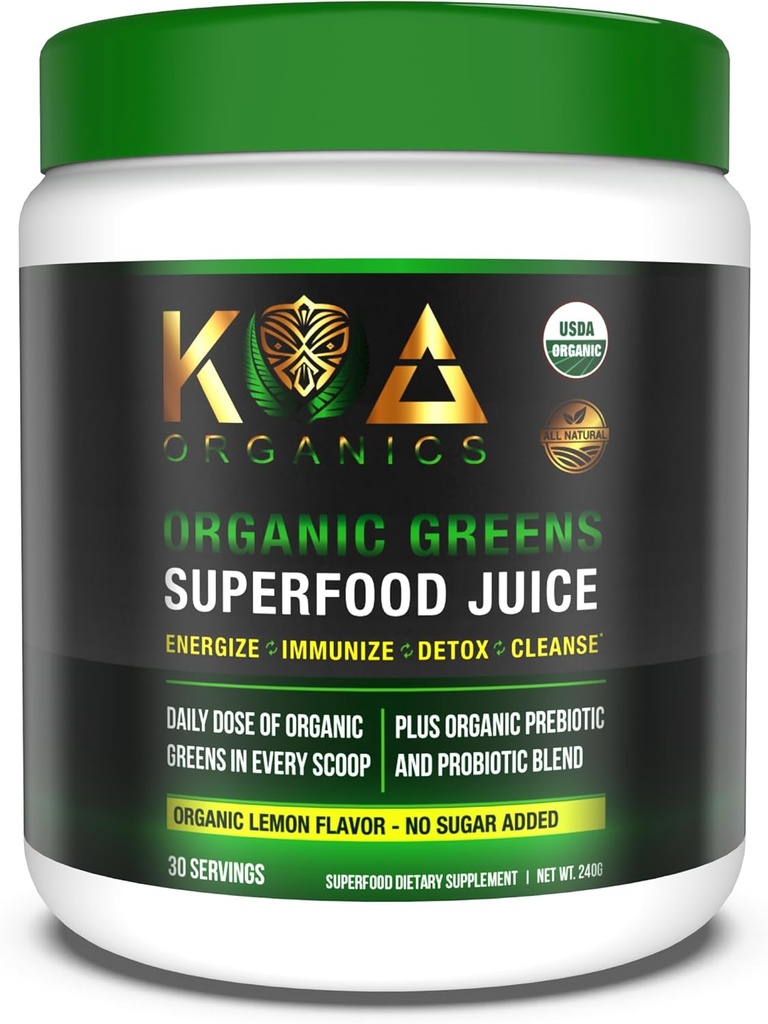 Greens Superfood Juice Powder - USDA Organic Super Greens Powder med Spirulina, Chlorella, Matcha, Wheat Grass, Digestive Enzymes & Probiotika - Lemon Flavor -30 ServQ