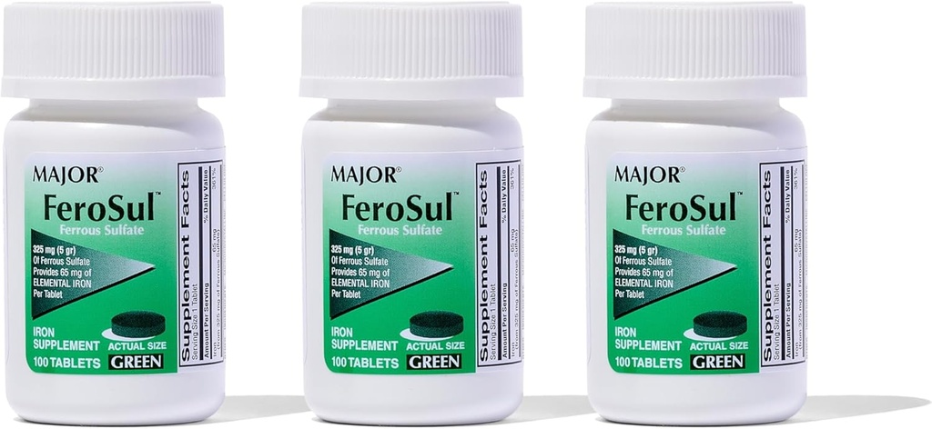 Major Ferosul - Ferrous Sulfate 325 mg Tabletit 65 mg Elementaalirauta - rauta täydentää naisille, miehet - vihreä - 100 tablettia (3 pakkaus)