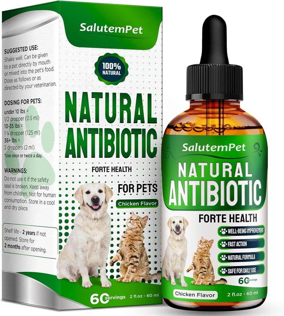 Hund Antibiotika Forte Health | Antibiotika för katter | Herbal Supplement för alla raser | för enkel andning | Digestion och urinering | Hud & Coat | Kyckling smak | 2 Oz