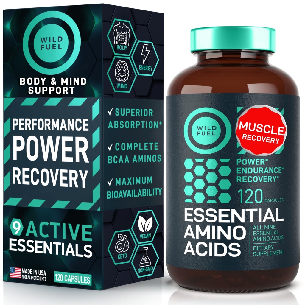Essential Aminosyror Supplement - Alla 9 EAA med BCAAs Aminosyror (Leucine, Lysine, Valine, Threonine) - 3 000 mg Per Servering - Muskeltillväxt, kraft, återhämtning - 120 Vegan, koffeinfria kapslar