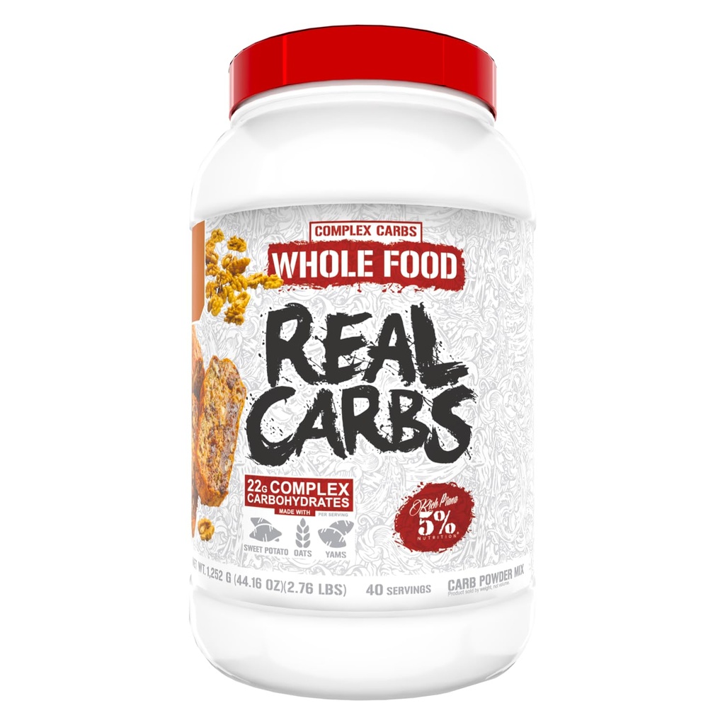 5% Nutrition Rich Piana Real Carbs Real Food Complex Carb Powder, Long-Last Low Glycemic Energy Pre-Workout / Post-workout Recovery Ateria, 2,7 Lb, 40 tarjoilua (bananapähkinäleipä)