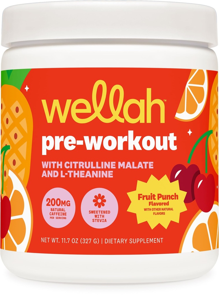 Wellah Pre-Workout Drink Mix (Fruit Punch Flavored, 30 Servings) - med Citrulline Malate och L-Theanine, 200mg naturligt koffein och 1000mg Beta-Alanine