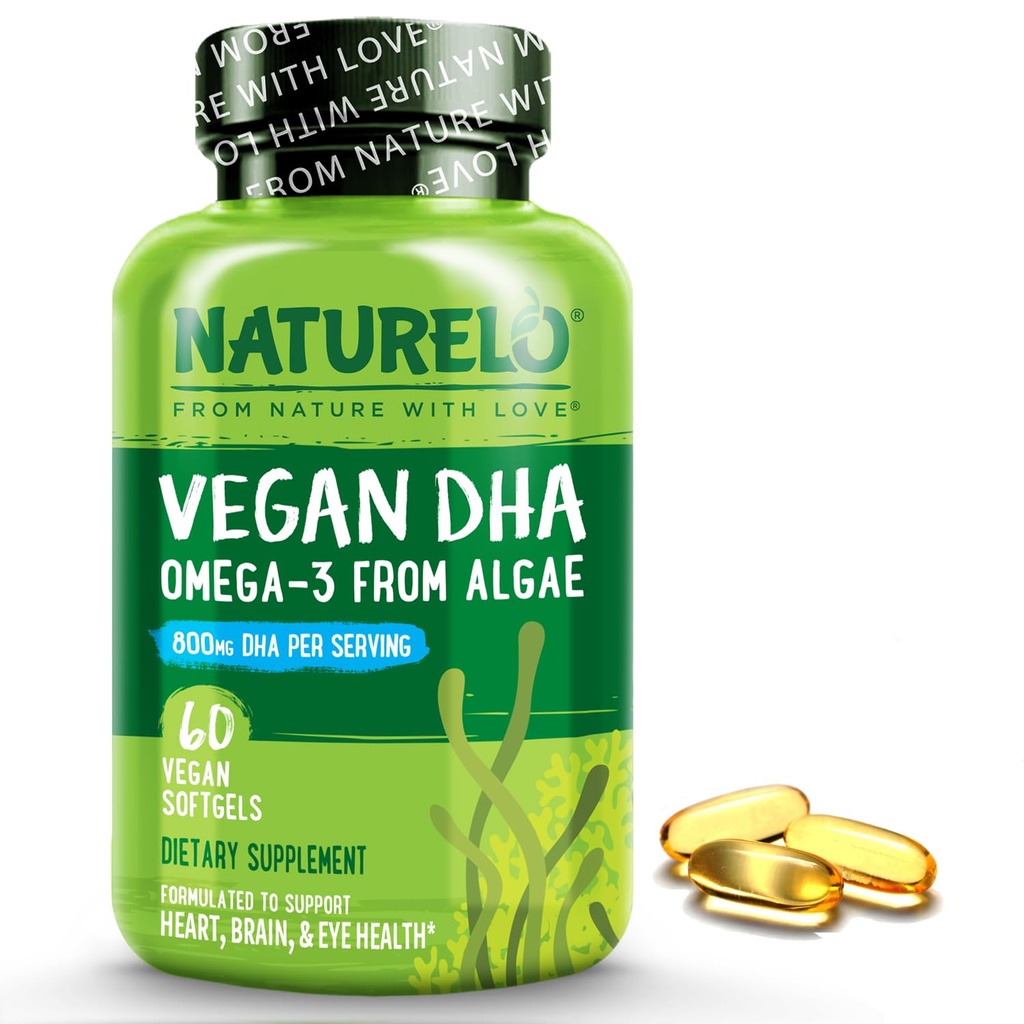 NATURELO Vegan DHA - Omega 3 Oil från Alger - Tillägg för hjärna, hjärta, gemensam, ögonhälsa - ger viktiga fettsyror för kvinnor, män och barn - kompletterar prenatala vitaminer - 60 Softgels
