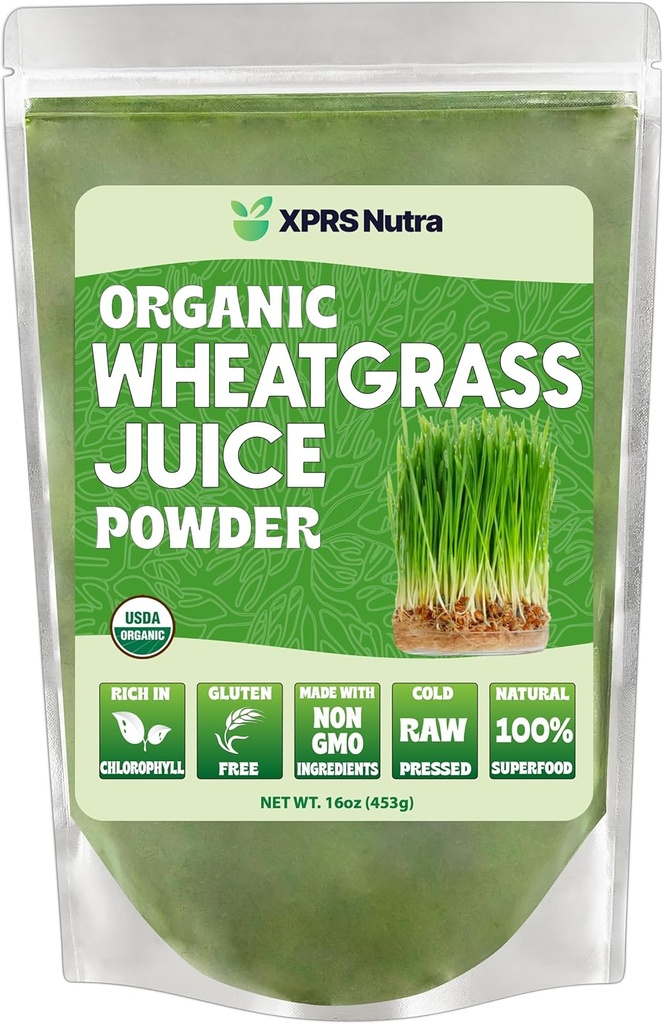 XPRS Nutra Organic Wheatgrass Juice Powder - Sustainably Grown - Instant Wheat Grass Juice Powder Made from Concentrated Juice - Mer Potent än Organic Wheatgrass Powder - 16 Ounce