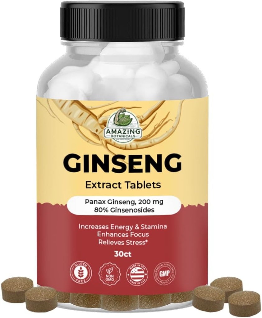Amazing kasvitieteet Panax Ginseng Extract Tabletit - 200mg Erittäin potent 80% Ginsenosides for Energy & Relaxation - Natural Herbal Supplement for Cognitive Booster - 30 tablettia