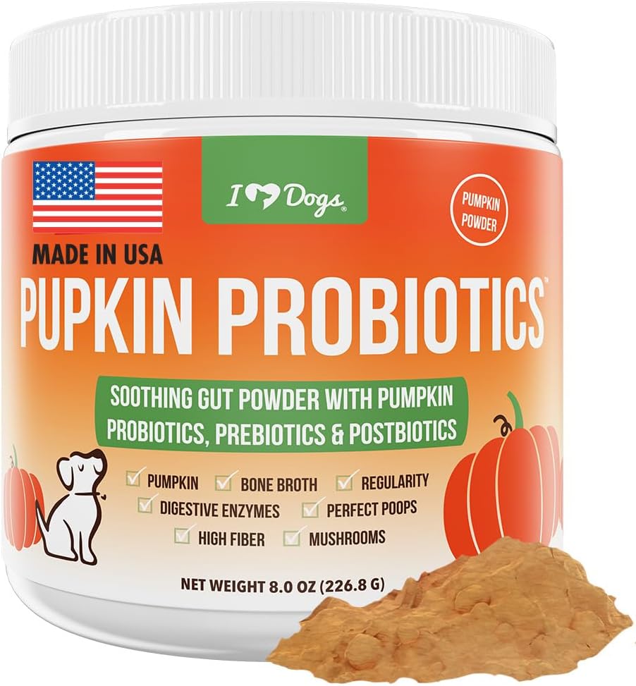 iHeartDogs Pupkin Probiootit, Prebiootit, & Postbiootit koirille kurpitsa, Gut rauhoittava luu Broth & sieniä - 30 Scoops