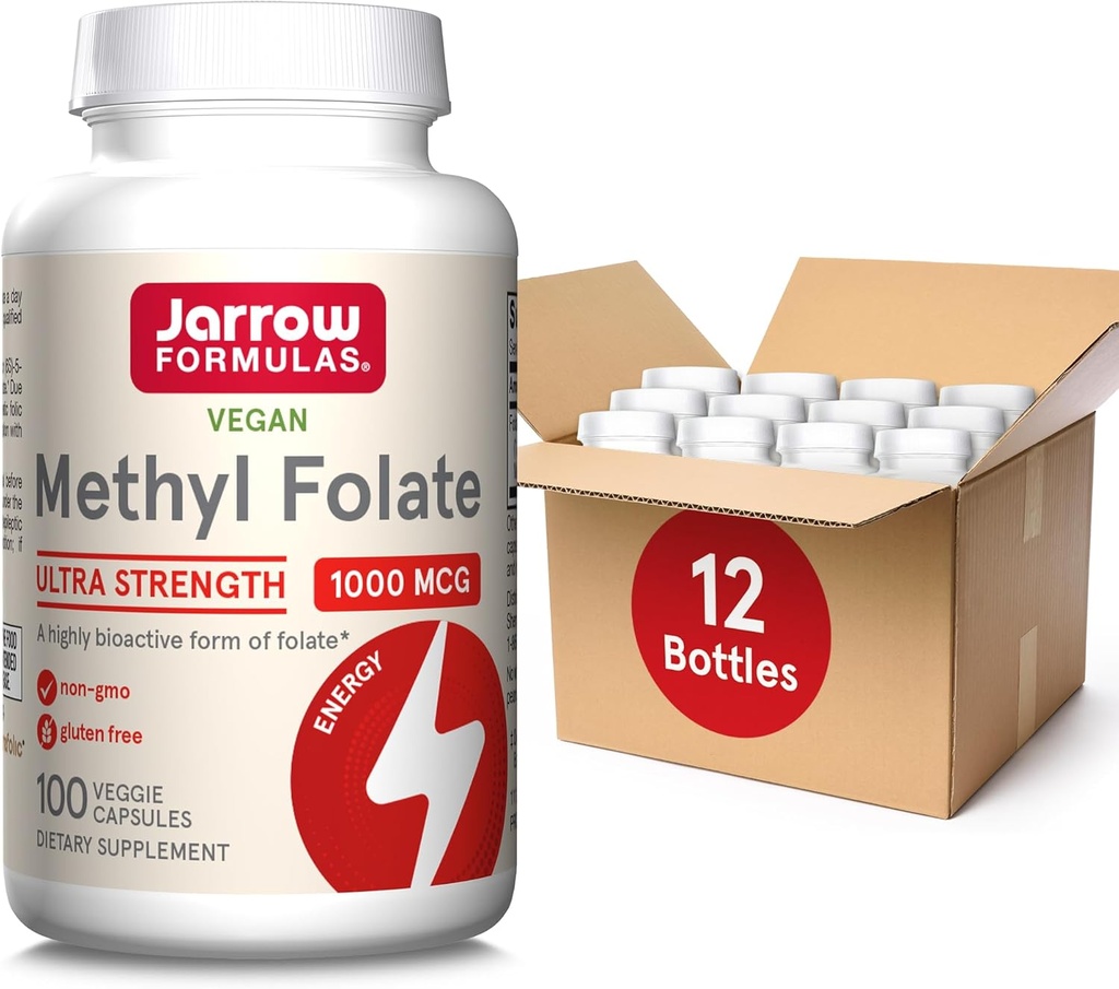 Jarrow Formulas Methyl Folate 1000 mcg, Dietary Supplement, Methyl Folate for Cellular Energy Support, 100 Veggie Capsules, 100 Day Supply (Pack of 12)