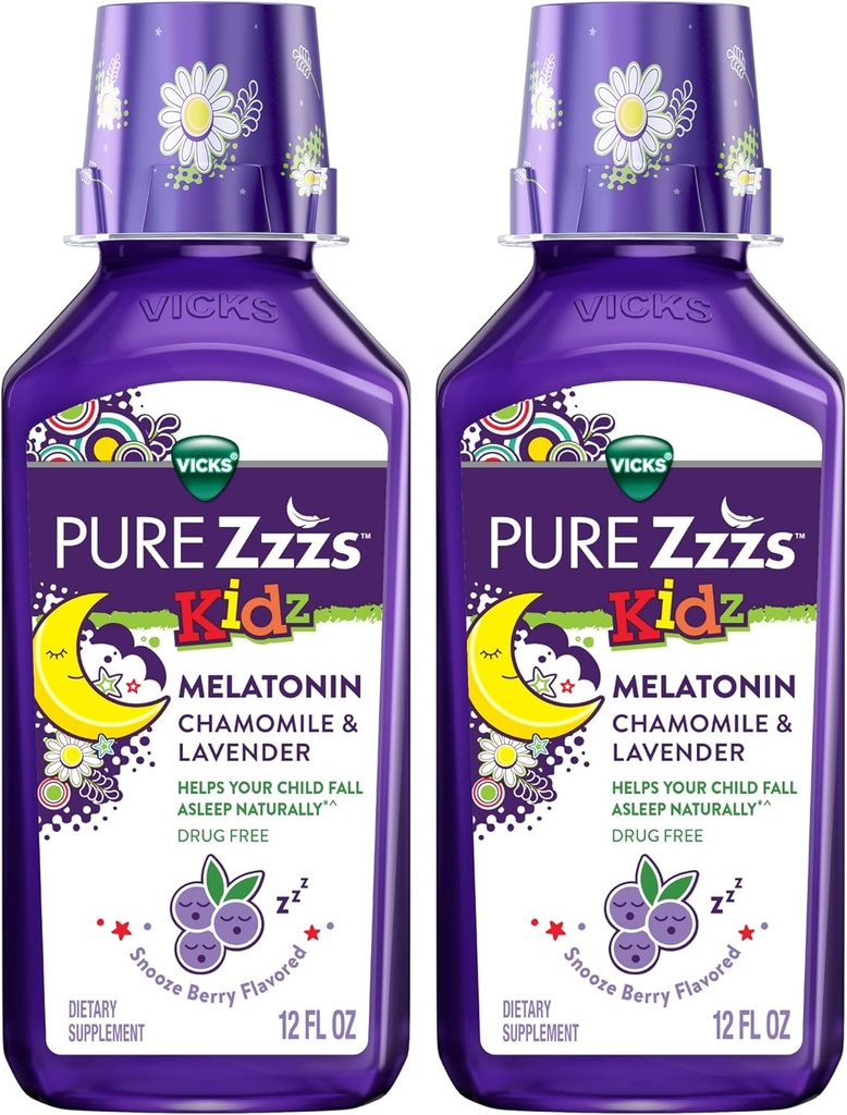 Vicks Pure Zzzs Kidz Melatoniini, Lapset Melatoniinineste, unilääke, lääkevapaa, nestemäinen melatoniini 1 mg, kamomilla ja laventeli, melatoniinin unilääkkeet lapsille, Snooze Berry Flavored, 2 Pack, 24 FL OZ