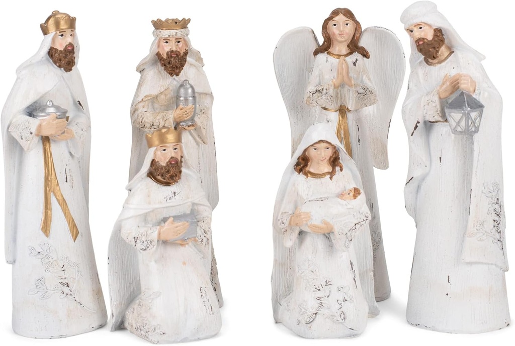 Transpac Distressin valkoinen ja kultainen sävy 7,5 tuuman Hartsi Nativity Figurines Setti 6