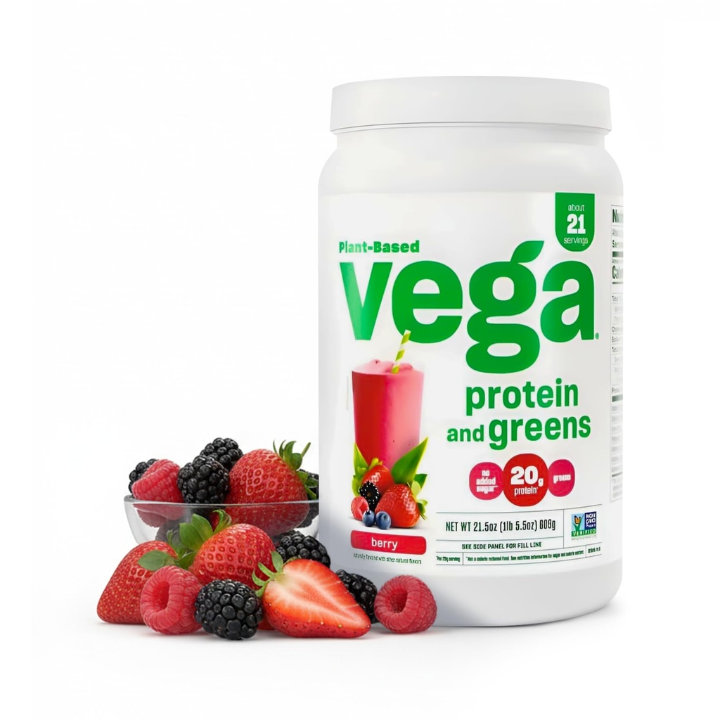Vega Protein och Greens Protein Powder, Berry - 20g Plant Based Protein Plus Veggies, Vegan, Non GMO, Pea Protein för kvinnor och män, 1,3 lbs (Packaging May Vary)