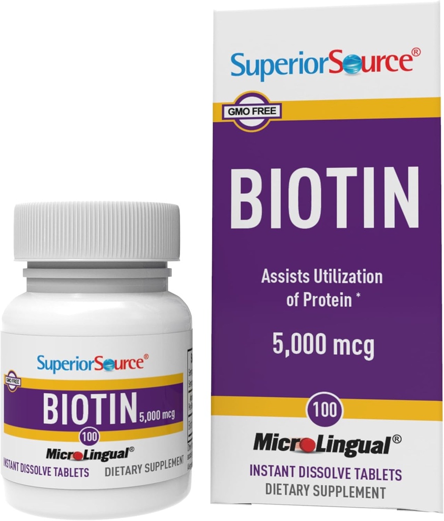 Superior Source Biotin 5000 mcg. Under tungan snabbt lösa MicroLingual tabletter, 100 greve, stöder hälsosamt hår, hud och nageltillväxt, hjälper till att stödja energimetabolism, icke-GMO