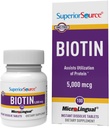 Superior Source Biotin 5000 mikrog. Alle kieli nopeasti liuottaa MicroLingual Tabletit, 100 luku, tukee terveitä hiuksia, ihoa ja kynsien kasvua, auttaa tukemaan energian aineenvaihduntaa, ei-GMO
