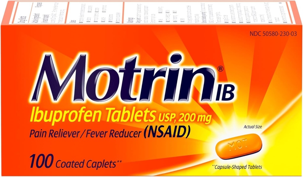 Motrin IB, Ibuprofen 200mg Tablets, Pain Reliever & Fever Reducer för Muscular Aches, Headache, Backache, Menstrual Cramps & Mindre artrit smärta, NSAID, 100 Ct