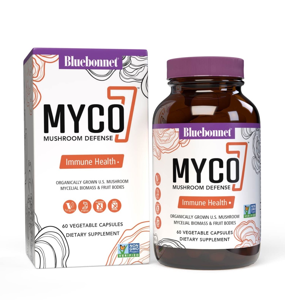BlueBonnet Nutrition Myco-7 Mushroom Defense - 7 Organiskt odlade USA Hela, Full-Cycle Mushrooms - för Immune & Wellness - Soy-Free, Gluten-Free, Non-GMO, Kosher och Vegan - 60 Vegetabiliska kapslar