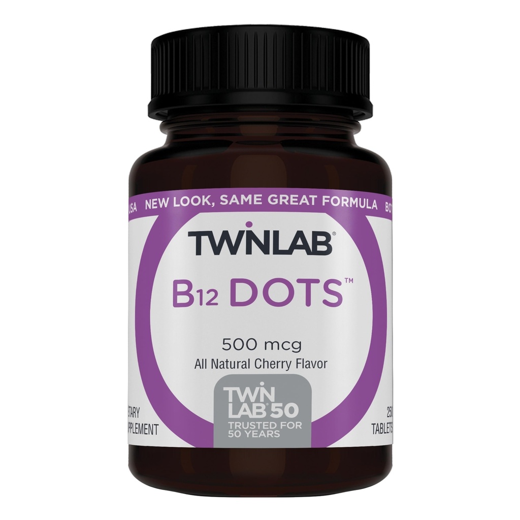 Twinlab B-12 Dots - energiantuotannon tuki täydentää B12-500 mikrog, 250 tablettia