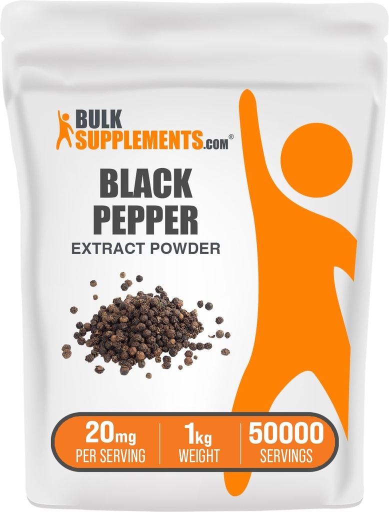 BulkSupplements.com Black Pepper Extract Powder - Black Pepper Supplements, Piperine Supplements - Vegan & Gluteeniton, 20mg per Serving, 1kg (2,2 lbs) (Pack of 1)