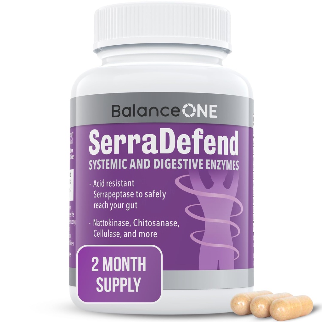Balance ONE Biofilm Defense med Proteolytic & Digestive Enzymes for Men & Women - Serrapeptase, Nattokinase, Protease, Cellulase - 60 kapslar, 2 månaders leverans - SerraDefend