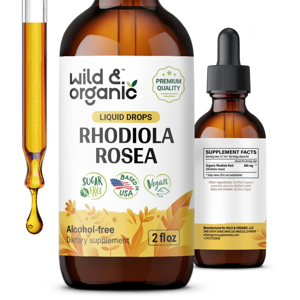 Wild & Organic Rhodiola Rosea Tincture - Mielialatuki - Rentouttava Rhodiola Supplement - juuriuute Liquid Drops - Vegaani, sokeri ja alkoholiton - 2 fl oz