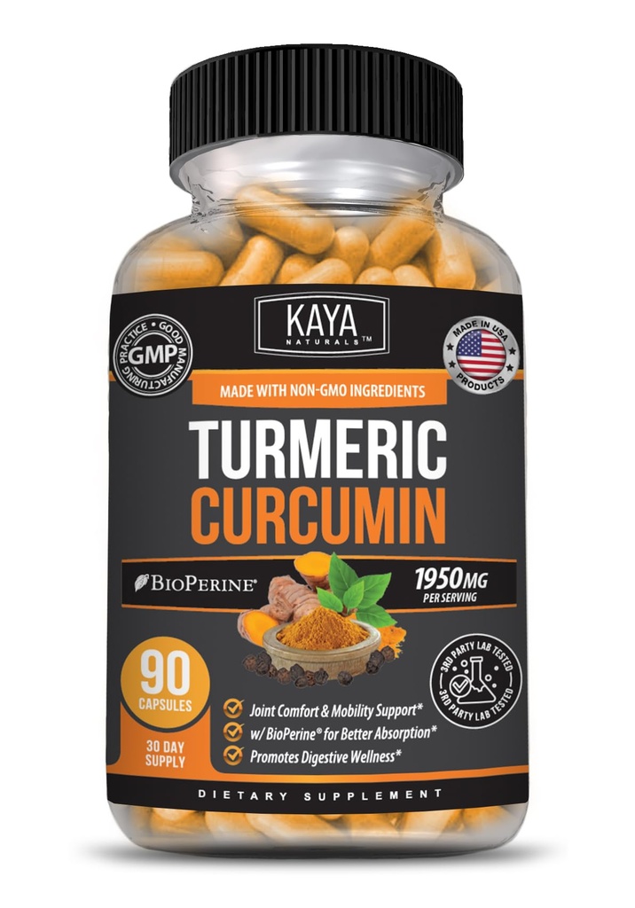 Kaya Naturals Turmeric Platinum, 60 Count Capsules, Bioperine, Premium Support med 95% Standardiserade Curcuminoids - 60 kapslar